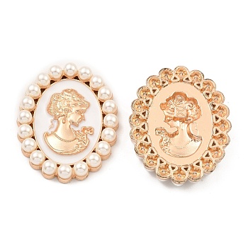 Zinc Alloy Enamel Cabochons, with Plastic Imitation Pearls, Oval with Woman, Light Gold, Lavender Blush, 53x42x7.5mm