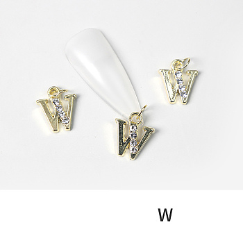 Alloy Rhinestone Cabochons, Nail Art Decoration Accessories, with Jump Ring, Letter, Golden, Letter.W, 11~14x5~12mm