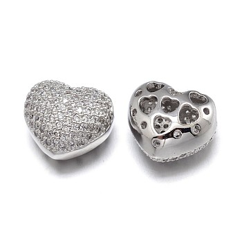 Filigree Heart Brass Micro Pave Cubic Zirconia Beads, Lead Free & Nickel Free & Cadmium Free, Real Platinum Plated, 13x14x9mm, Hole: 2x3mm