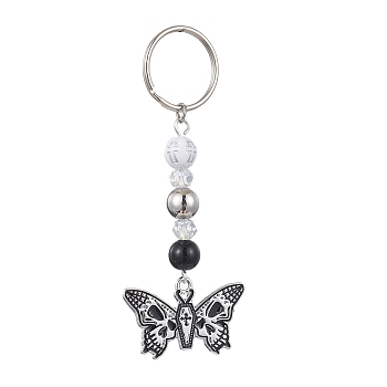 Alloy Enamel Pendant Keychain, with Iron Split Key Rings and Acrylic Beads, Butterfly, 7.8cm