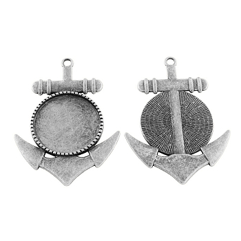 Tibetan Style Alloy Pendant Cabochon Settings, Anchor with Flat Round Tray, Cadmium Free & Nickel Free & Lead Free, Antique Silver, 67x48x3mm, Hole: 3mm, Tray: 30mm