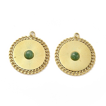 Natural African Jade Pendants, Flat Round Charms, with Vacuum Plating Real 18K Gold Plated 201 Stainless Steel Findings, 20.5x18.5x3mm, Hole: 1.5mm
