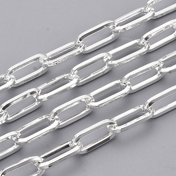 Unwelded Iron Paperclip Chains, Flat Oval, Drawn Elongated Cable Chains, with Spool, Silver Color Plated, 12.5x6x1.2mm, about 82.02 Feet(25m)/roll