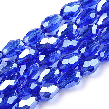 Electroplate Glass Beads Strands, Pearl Luster Plated, Faceted, teardrop, Blue, 6x4mm, Hole: 1mm, about 72pcs/strand, 15 inch