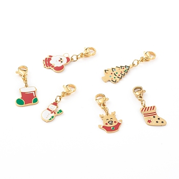 Christmas Themed 316 Surgical Stainless Steel Enamel Pendants, with 304 Stainless Steel Lobster Claw Clasps, Mixed Shapes, Mixed Color, 26~34mm, Pendants: 12~20x8.5~13x1mm