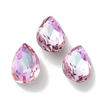 Glass Rhinestone Cabochons, Point Back & Back Plated, Faceted, Teardrop, Light Rose, 10x7x10mm