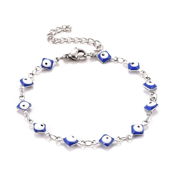 Enamel Rhombus with Evil Eye Link Chains Bracelet, 304 Stainless Steel Jewelry for Women, Stainless Steel Color, Blue, 6-5/8 inch(16.8cm)