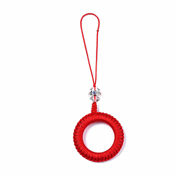 Polyester Tassel Woven Big Pendant Decorations, with Alloy Enamel Findings and Plastic Beads, Antique Silver, Red, 110~115mm