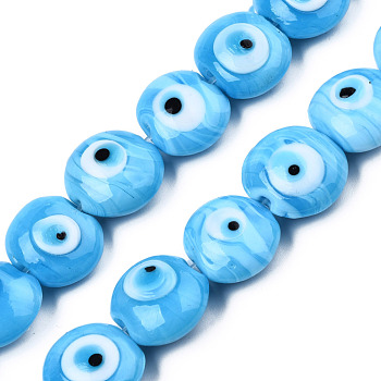 Handmade Evil Eye Lampwork Beads Strands, Flat Round, Deep Sky Blue, 14~16x16~17x8.5~9mm, Hole: 1mm, about 25pcs/strand, 14.96 inch(38cm)