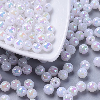 Eco-Friendly Poly Styrene Acrylic Beads, AB Color Plated, Round, White, 8mm, Hole: 1mm, about 2000pcs/500g