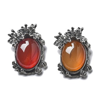 Natural Carnelian(Dyed & Heated) Pendants, Oval Charms with Brass Leaves, Antique Silver, Lead Free & Cadmium Free, 28x21x9mm, Hole: 6.5x3mm