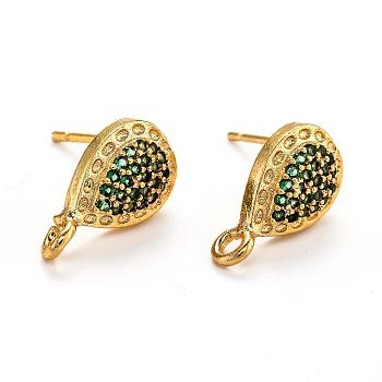Brass Stud Earring Findings, with Loop, Micro Pave Cubic Zirconia, Drop, Green, 14.5x8.5x3mm, Hole: 1.4~1.5mm, Pin: 0.8mm