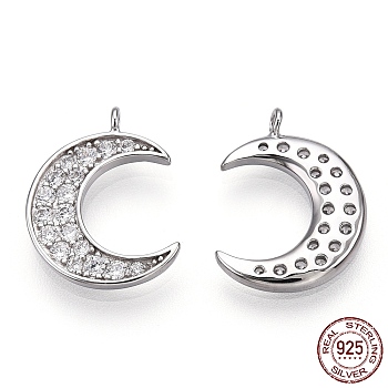 Rhodium Plated 925 Sterling Silver Micro Pave Cubic Zirconia Pendants, Moon Charms, Nickel Free, Real Platinum Plated, 15x11x1.5mm, Hole: 1.2mm