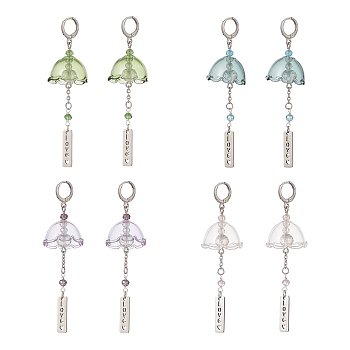 4 Pairs 4 Color Glass Flower Wind Chime Dangle Leverback Earrings, Word Love Brass Long Drop Earrings for Women, Mixed Color, 78mm, Pin: 0.7mm, 1 Pair/color