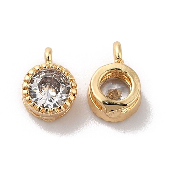 Brass with Clear Glass Pendants, Flat Round Charms, Real 18K Gold Plated, 7x5x3.5mm, Hole: 1.2mm