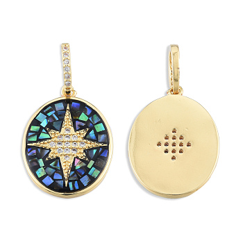 Brass Micro Pave Clear Cubic Zirconia Pendants, with Shell and Enamel, Real 18K Gold Plated, Nickel Free, Oval with Star, Black, 22x16x2mm, Hole: 4x6mm