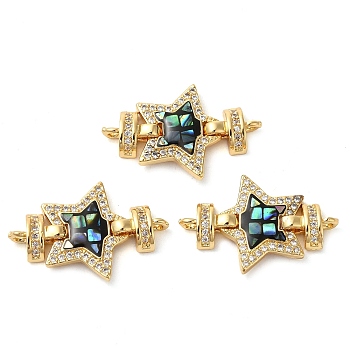 Rack Plating Brass Micro Pave Cubic Zirconia Star Connector Charms, with Enamel & Shell, Real 18K Gold Plated, Long-Lasting Plated, Lead Free & Cadmium Free, Black, 16x24x4mm, Hole: 1.4mm