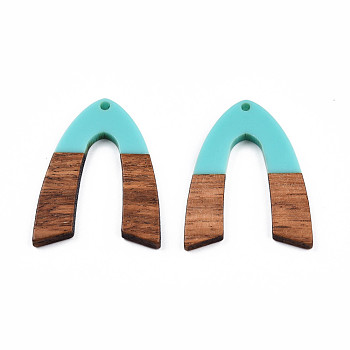 Opaque Resin & Walnut Wood Pendants, V Shape Charm, Turquoise, 38x29x3mm, Hole: 2mm