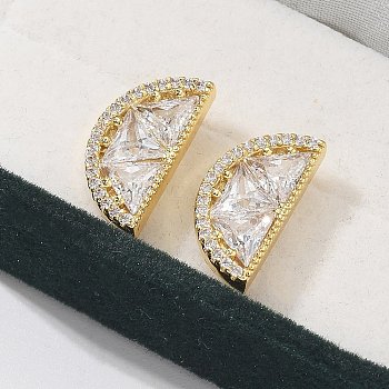 Half Round Brass Micro Pave Clear Cubic Zirconia Stud Earrings, Rack Plating, Long-Lasting Plated, Lead Free & Cadmium Free, Real 18K Gold Plated, 15.5x7.5mm