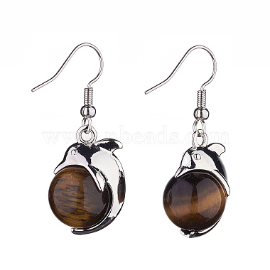 Natural Tiger Eye Dolphin Dangle Earrings with Crystal Rhinestone(EJEW-A092-20P-17)-2