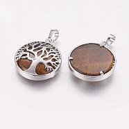 Natural Tiger Eye Pendants, with Brass Findings, Platinum, Flat Round with Tree, 31x27x6.5~7mm, Hole: 5x8mm(G-E388-06P)