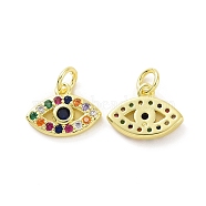 Brass Micro Pave Colorful Cubic Zirconia Charms, with Jump Ring, Eye Charm, Real 18K Gold Plated, 10x13x2.5mm, Hole: 3.2mm(KK-E068-VF079)