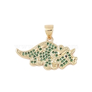 Brass Micro Pave Cubic Zirconia Pendants, Real 18K Gold Plated, Dinosaur, Green, 14x25x3mm, Hole: 4x3.5mm(KK-E111-45D-G)