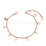 SHEGRACE Valentine's Day Theme, Titanium Steel Charm Anklets, with Cable Chains and Lobster Claw Clasps, Bell and Word LOVE YOU, Rose Gold, 7-7/8 inch(20cm)(JA186A)