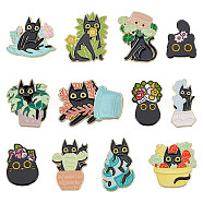 12Pcs 12 Style Cat with Plant Enamel Pins, Alloy Animal Brooches for Clothes Backpack, Mixed Color, 21.1~30x16.3~30mm, 1Pc/style(JEWB-HY0001-33)