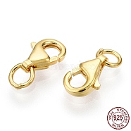 925 Sterling Silver Lobster Claw Clasps, with Jump Ring, with 925 Stamp, Real 18K Gold Plated, 8x5x2mm, Hole: 2.2mm(STER-T004-82A-G)