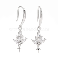 925 Sterling Silver Earring Hooks, with Cubic Zirconia, Lotus, for Half Drilled Beads, Platinum, 30mm, Pin: 0.7mm, Pin: 0.6mm, Tray: 6x3mm(STER-D035-27P)