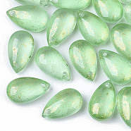 Transparent Spray Painted Glass Charms, with Glitter Powder, Frosted, Teardrop, Light Green, 14.5x8.5x5.5mm, Hole: 1mm(GLAA-T017-02-A01)