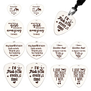 12Pcs 6 Styles 201 Stainless Steel Pendants, Heart & Flat Round & Guitar Pick with Word Charm, Laser Cut, Stainless Steel Color, 22.5~38x24.5~25x1.5mm, Hole: 1.6~2.2mm, 2pcs/style(STAS-AR0001-58)