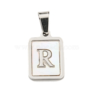 304 Stainless Steel Pave Natural White Shell Pendants, Rectangle with Letter Charms, Stainless Steel Color, Letter R, 17.5x12x1.5mm, Hole: 6x3mm(STAS-S130-03P-R)