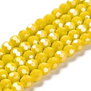 Electroplate Opaque Glass Beads Strands, Faceted(32 Facets), Pearl Luster Plated, Round, Yellow, 8mm, Hole: 1mm, about 66~69pcs/strand, 19.29~19.57 inch(49~49.7cm)(EGLA-A035-P8mm-A04)