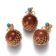 Synthetic Goldstone & Turquoise Pendants, with Golden Brass Findings, Round, 26.5~28x17~17.5x16.5mm, Hole: 3~5X2.5~3.5mm(G-B001-02G-S)