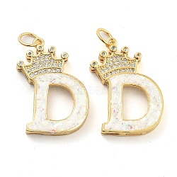 Brass Micro Pave Clear Cubic Zirconia Pendants, with Synthetic Opal, Real 18K Gold Plated, with Jump Ring, Letter D, 26.5~33x14~23.5x3.5~4.5mm, Hole: 4.5mm(KK-G498-01D-02)