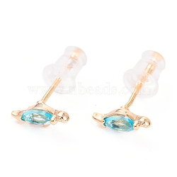 Cute Light Gold Plated Brass Stud Earrings, with Cubic Zirconia and Ear Nuts, Dinosaur, Sky Blue, 3x8.5mm, Pin: 0.7mm(EJEW-H106-02D)