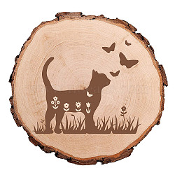 Carved Wood Round Sheets, for Home Display Decoration, Cat Pattern, 170~180x15mm(AJEW-WH0362-007)