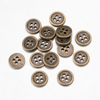 Alloy Buttons, 4-Hole, Flat Round, Tibetan Style, Antique Bronze, 10x1.5mm, Hole: 1mm