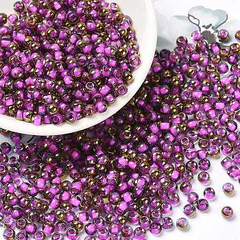 Glass Seed Beads, Half Plated, Inside Colours, Round Hole, Round, Magenta, 4x3mm, Hole: 1.4mm, 5000pcs/pound