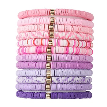 12Pcs 12 Color Polymer Clay Heishi Surfer Stretch Bracelets Set with Plastic Beaded, Stackable Preppy Bracelets, Mixed Color, Inner Diameter: 2-1/8 inch(5.3cm), 1Pc/color