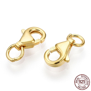 925 Sterling Silver Lobster Claw Clasps, with Jump Ring, with 925 Stamp, Real 18K Gold Plated, 8x5x2mm, Hole: 2.2mm