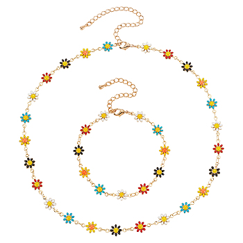 ANATTASOUL 2Pcs 2 Style Enamel Daisy Flower Link Chain Bracelet & Necklace, Light Gold Brass Jewelry Set for Women, Colorful, 6-7/8 inch(17.5cm), 14.96 inch(38cm), 1Pc/style