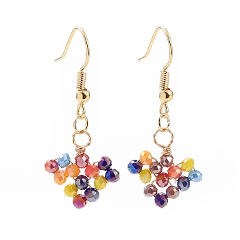 Glass Braided Heart Dangle Earrings, Brass Wire Wrap Jewelry for Women, Colorful, 38mm, Pin: 0.6mm