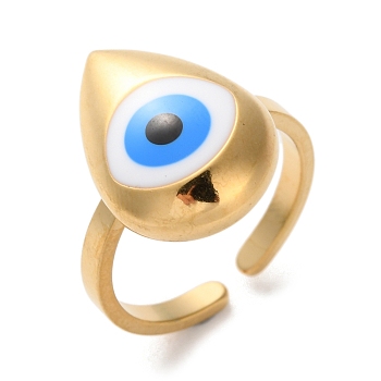 304 Stainless Steel Rings, with Enamel, Evil Eyes, Golden, 18.5x13mm, Adjustable