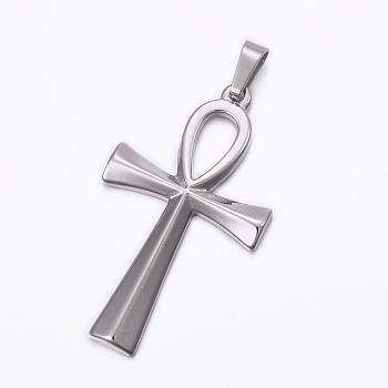 304 Stainless Steel Pendants, with 201 Stainless Steel Snap on Bails, Ankh Cross, Stainless Steel Color, 44.5x25.5x3mm, Hole: 8x4mm