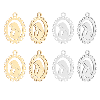 Unicraftale 12Pcs 2 Colors Ion Plating(IP) 201 Stainless Steel Pendants, Cut, Oval with Woman, Golden & Stainless Steel Color, 17.5x12.5x1mm, Hole: 1.5mm, 6pc/style