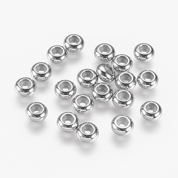 201 Stainless Steel Beads, with Rubber Inside, Slider Beads, Stopper Beads, Rondelle, Stainless Steel Color, 6x3mm, Hole: 2mm