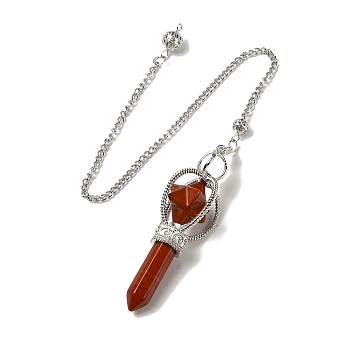 Natural Red Jasper  Dowsing Pendulums, with Platinum Plated Alloy Chains, Merkaba Star Truncheon Charm, Reiki Wicca Witchcraft Balancing Pointed Pendant Pendulum, 310~315mm, Hole: 2mm